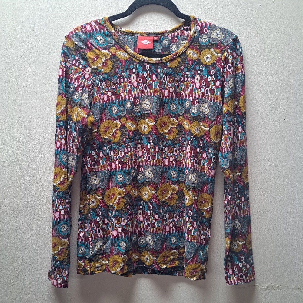 Oilily Womens Floral Geometric Print Long Sleeve Lyocell Blend Crew Neck Top M